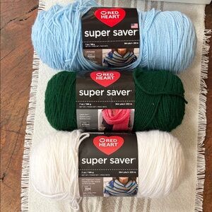 Red Heart Yarn 
Light Blue 
Hunter Green 
White